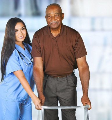 senior man smiling with a nurse
